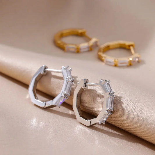 Rectangle Zircon Earrings for Women - Gold Plated Stainless Steel Hoop Earrings - 2023 Trending Luxury Wedding Couple Jewelry Gift