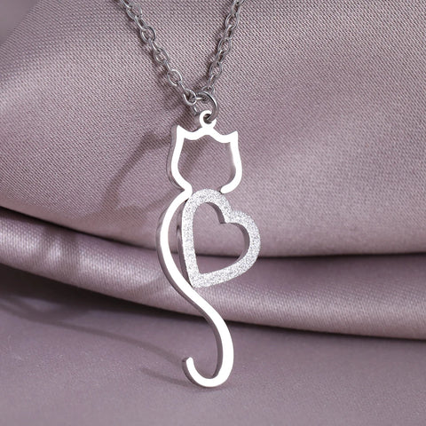 Trendy Heart Cat Pendant Stainless Steel Necklace - Cute Choker for Women