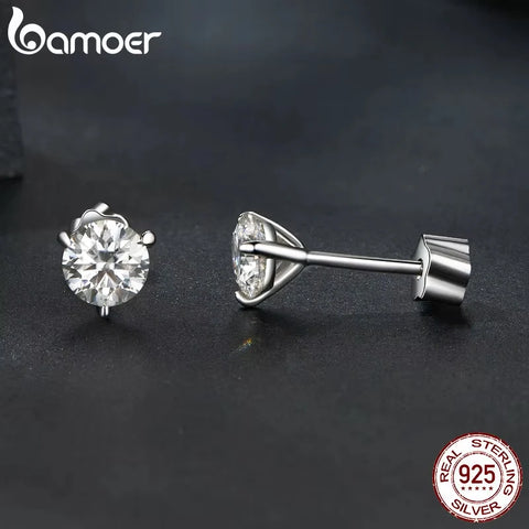 BAMOER Classic Moissanite Earrings – 925 Silver 3-Prong Round Cut Lab Diamond