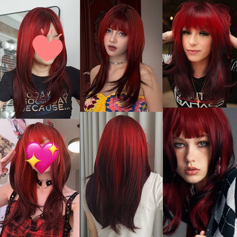 Black Red Ombre Synthetic Wigs for Cosplay - Long Straight Layered Wigs with Bangs for Women