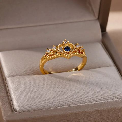 Blue Zircon Crown Rings for Women - Adjustable Gold Color Wedding Jewelry Gift