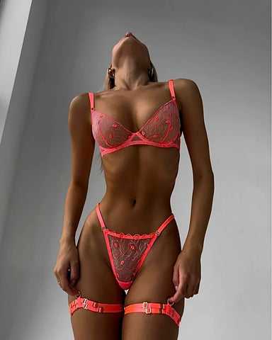 Fancy Neon Orange Lace Lingerie Set for Ultimate Seduction