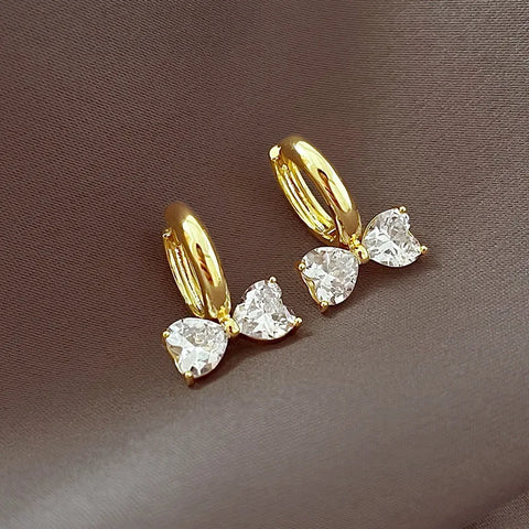 2025 New Korean Shiny Zircon Bow Earrings for Women - Sweet Elegant Gold Colour Jewelry