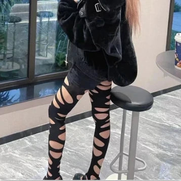Y2K Punk Women’s Torn Strap Gothic Thigh Knee Socks