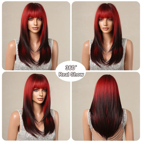Black Red Ombre Synthetic Wigs for Cosplay - Long Straight Layered Wigs with Bangs for Women