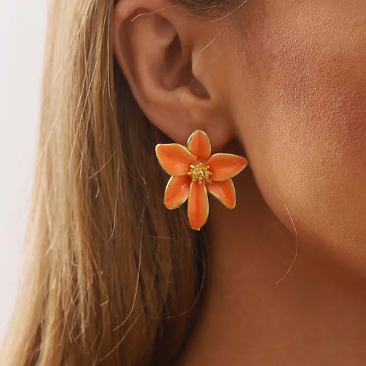 Vintage Red Enamel Flower Stud Earrings - Sweet Dripping Oil Style for Women