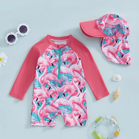 Tregren Toddler Girl Long Sleeve Swimsuit with Sun Hat