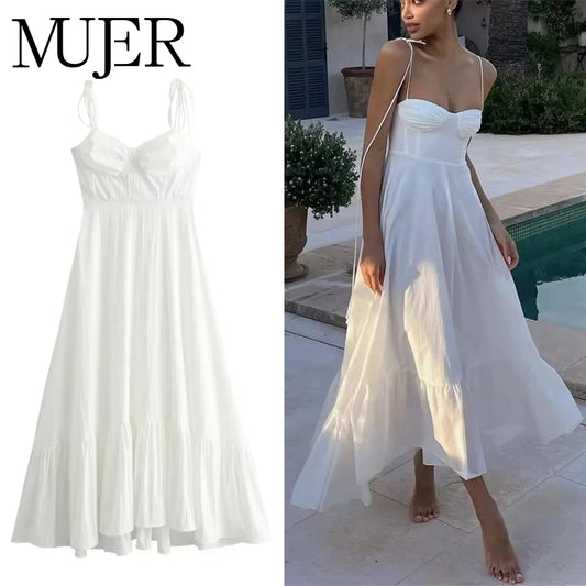 MUJER White Long Ruffle Slip Corset Dress for Women