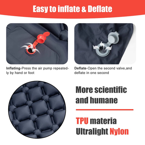 PACOONE Outdoor Camping Sleeping Pad Inflatable Mattress with Pillows - Ultralight Air Mat with Built-in Inflator Pump for Travel and Hiking