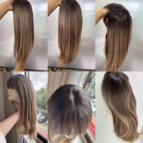 EASIHAIR Women Synthetic Wigs - Long Brown Ombre Blonde Layered Wigs with Curtain Bangs for Daily Use