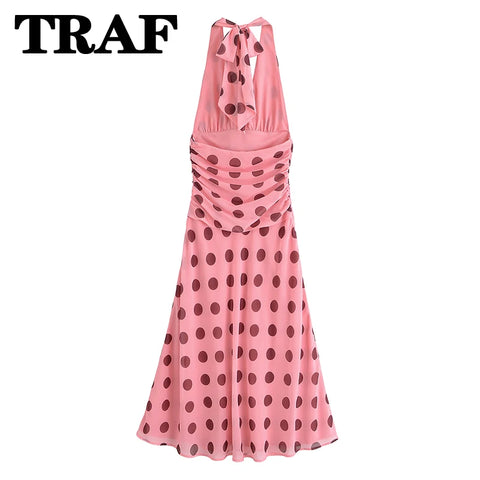TRAF 2025 Polka Dot Printed Long Dress - Chic Backless Midi Dress