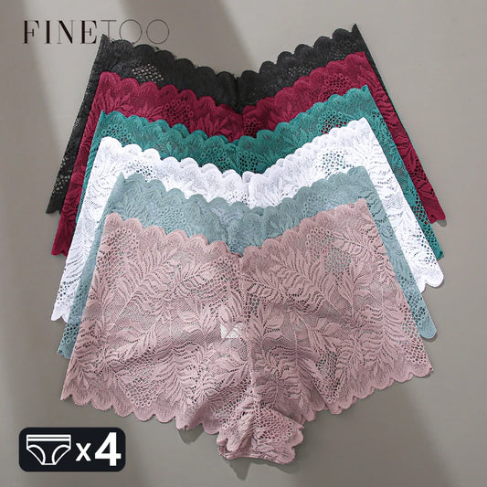 FINETOO 4pcs Lace Floral Boyshorts Underwear for Women