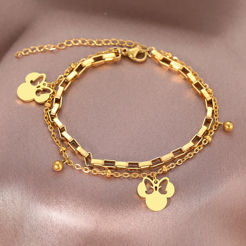 Cute Cartoon Anime Bow Mouse Pendant Stainless Steel Layered Bracelet for Women