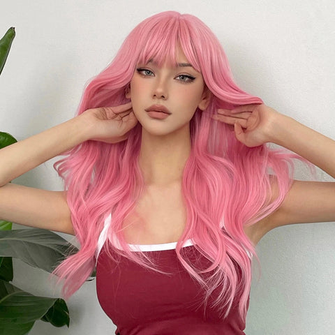 Light Pink Long Wavy Cosplay Synthetic Hair Wig with Bangs - Perfect for Halloween and Daily Wear