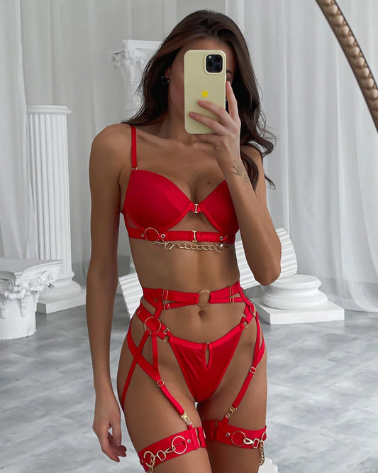 Fine Lingerie Sexy Fancy Underwear 5-Piece Delicate Luxury Erotic Set with Chain Bra and Panty Set Garters