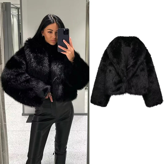 MUJER Zwarte imitatiebontjas voor dames - Pluche herfst-winter streetwear bovenkleding 