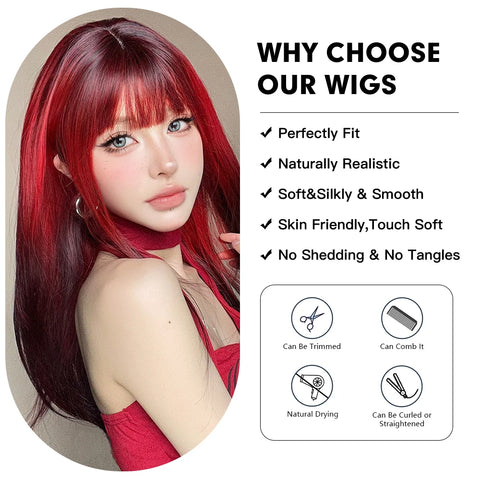 Black Red Ombre Synthetic Wigs for Cosplay - Long Straight Layered Wigs with Bangs for Women
