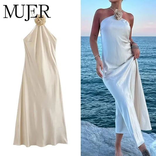 MUJER Flower Satin Long Dress