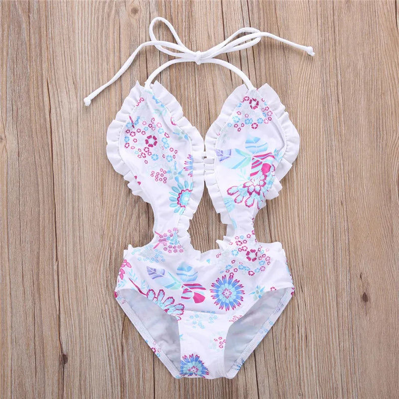 Kids Floral Printed Ruffled Swimwear Bodysuit