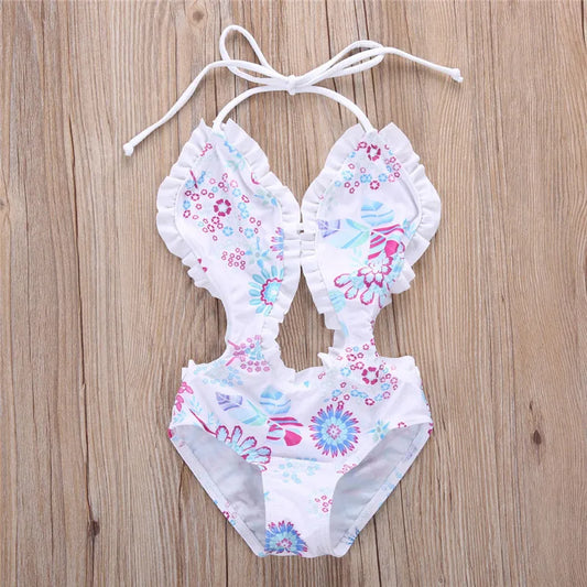 Kids Floral Printed Ruffled Swimwear Bodysuit