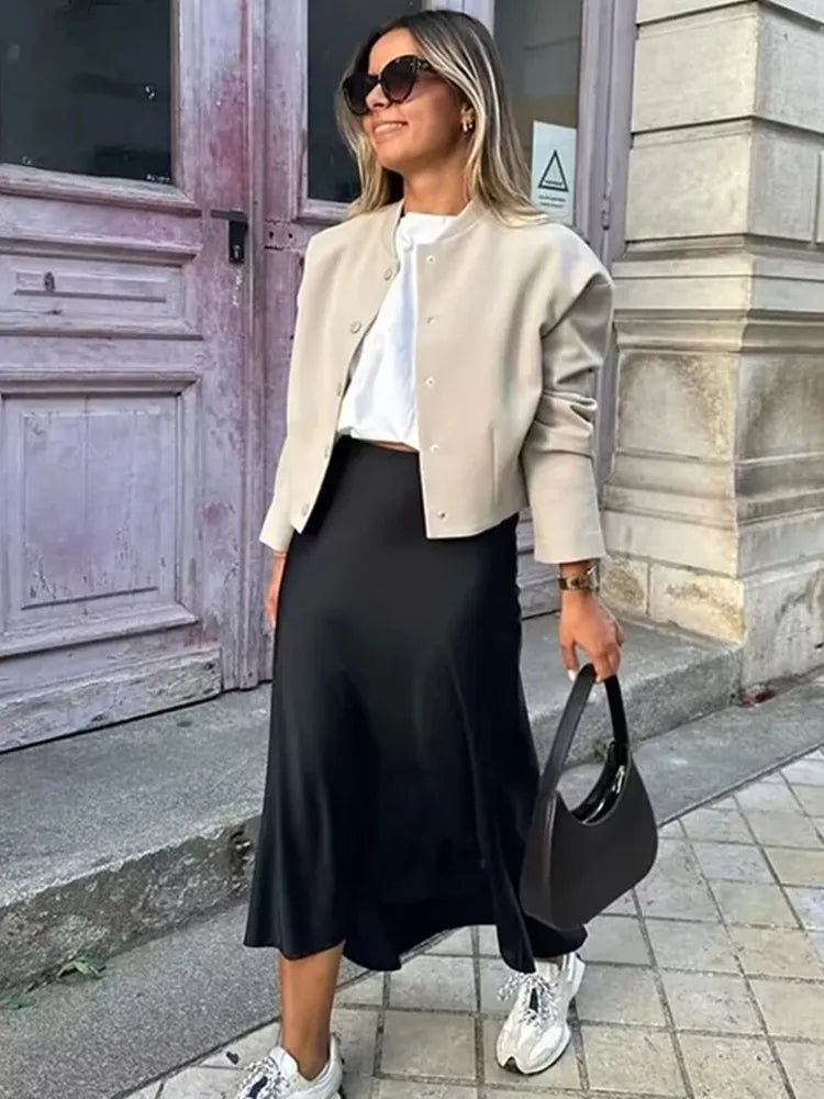 MUJER 2025 Black Satin Skirt - Elegant High Waist Midi Skirt for Women