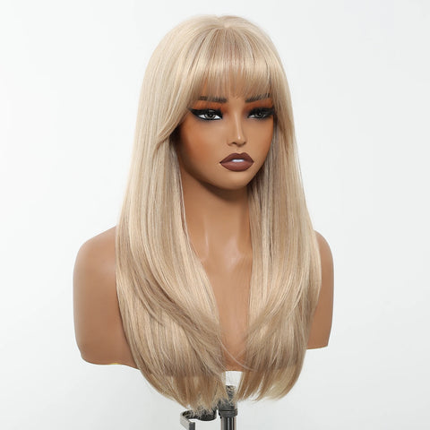 EASIHAIR Long Blonde Synthetic Wigs for Women - Straight Layered Natural Hair Wigs With Bangs