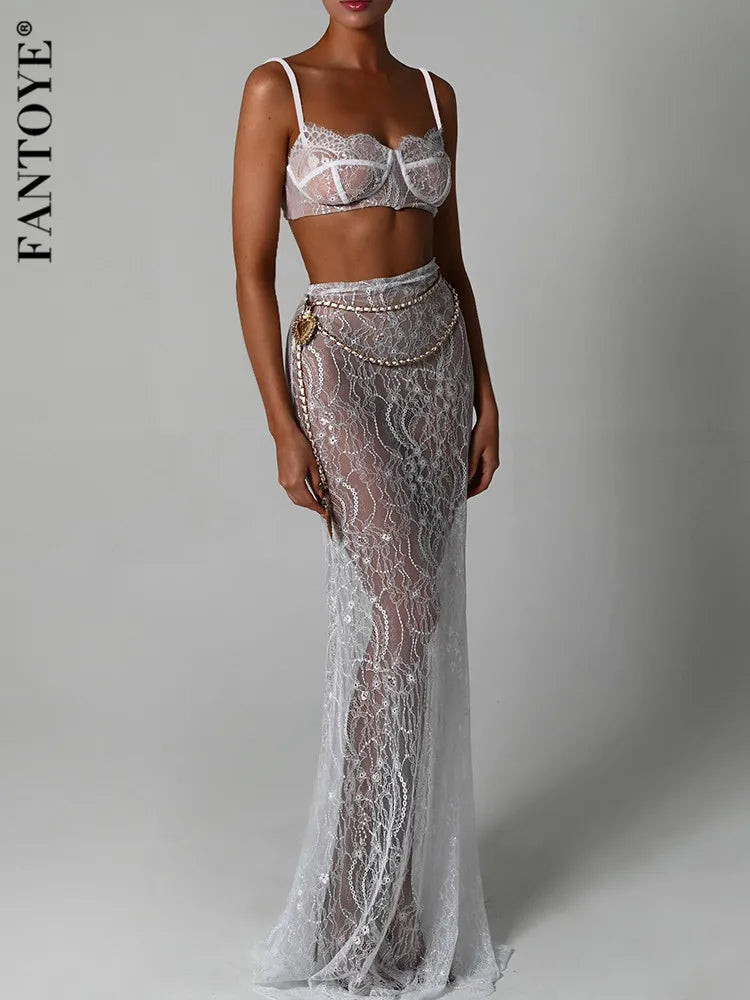 Fantoye Sexy Lace Chain Skirt Suit with Floral Print - White Spaghetti Strap Crop Top and Skirt Set