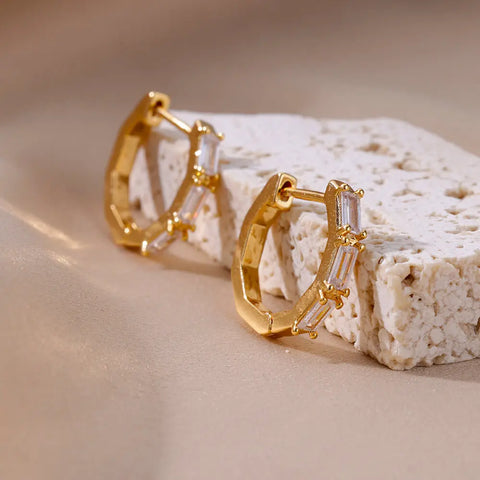 Rectangle Zircon Earrings for Women - Gold Plated Stainless Steel Hoop Earrings - 2023 Trending Luxury Wedding Couple Jewelry Gift