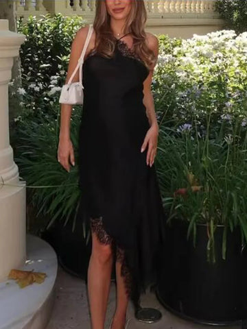 TRAF Women Sexy Lace Satin Halter Long Dress