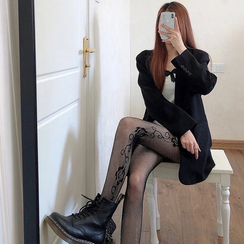 Women’s Hollowed Out Mesh Leggings - Japanese Lace Pantyhose with Floral Design