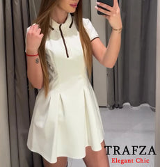 TRAFZA-Women Fashion 2025 Spring Summer Burgundy Dress Contrasting Ribbed Lapel Buttons Dress Classic Campus Angola Red Dress