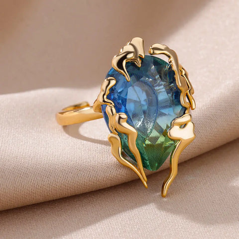 Zircon Flame Drop Ring for Women - Adjustable Stainless Steel Water Drop Jewelry for Weddings and Parties