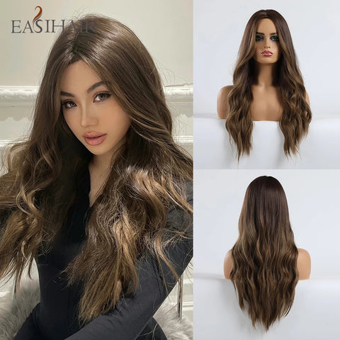 EASIHAIR Long Brown Ombre Synthetic Wigs for Women - Natural Wavy Cosplay Wig