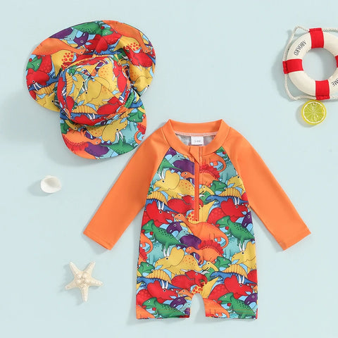 Tregren Toddler Boys Rash Guard Swimsuit with Swim Cap