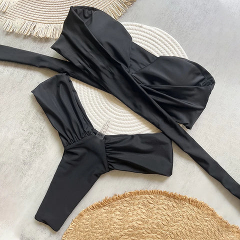 Para Praia Sexy Solid Bandeau Bikini Set Thong Dames Badmode 2025 Braziliaans Badpak