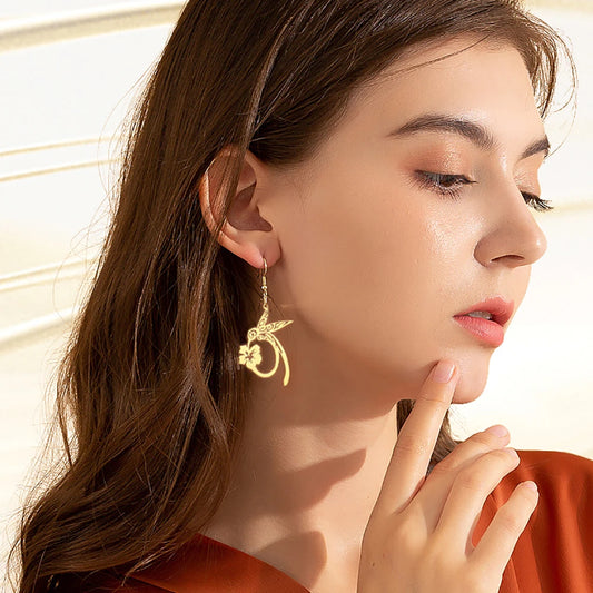 Skyrim Hummingbird Flower Pendant Drop Earrings – Stainless Steel Gold Color Women's Earrings