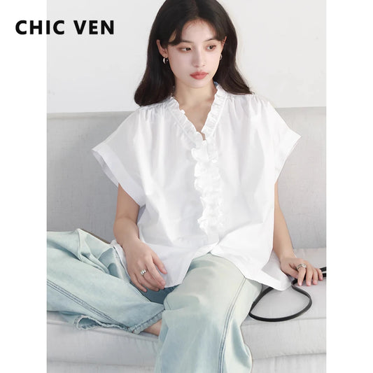 CHIC VEN Dames Casual Katoenen Overhemd met Ruches 