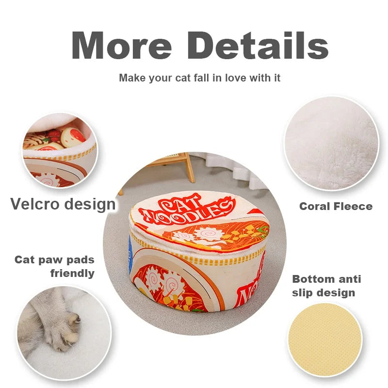 New Winter Cartoon Ramen Cat Nest – Warm, Cute Semi-Enclosed Cat Bed