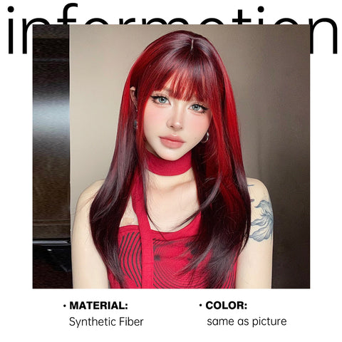 Black Red Ombre Synthetic Wigs for Cosplay - Long Straight Layered Wigs with Bangs for Women
