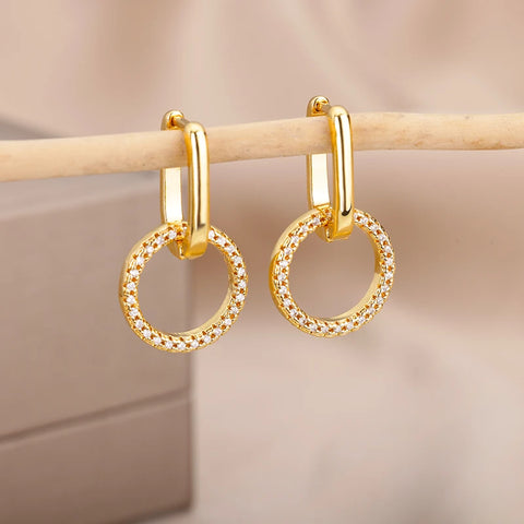 Fashion Zircon Circle Drop Earrings for Women - Gold Stainless Steel Dangle Jewelry Gift