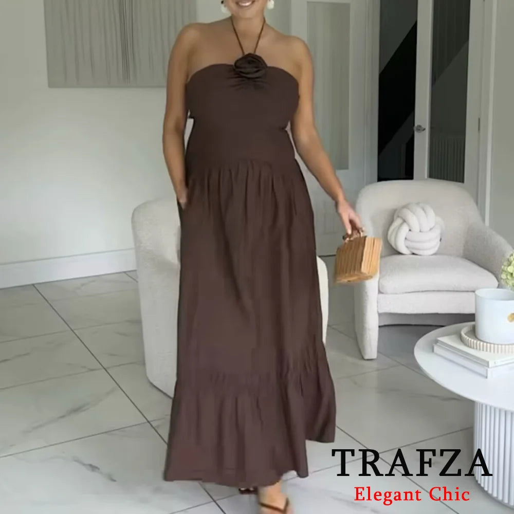 TRAFZA Elegant Sexy Brown Flower Halter Women Dress