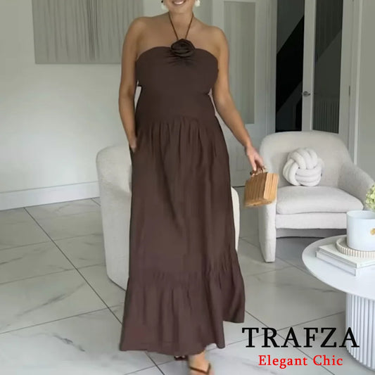 TRAFZA Elegant Sexy Brown Flower Halter Women Dress