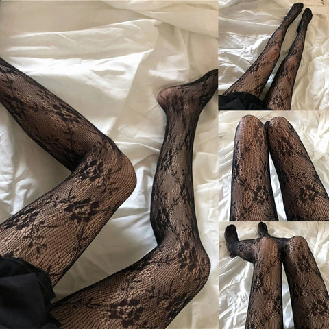 Elegant Women's Long Fishnet Stockings Pantyhose with Floral Design