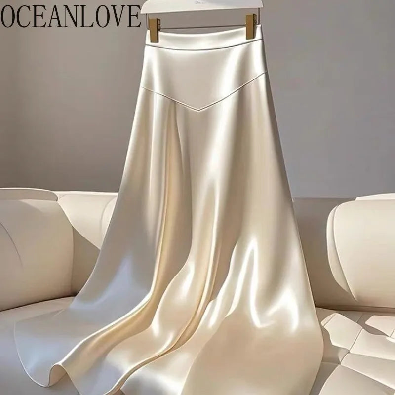 OCEANLOVE White Satin Skirts for Women - A-line French Style Elegant Vintage Long Skirt