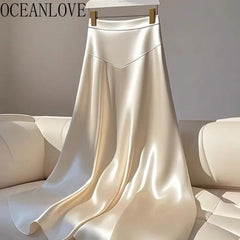 OCEANLOVE White Satin Skirts for Women - A-line French Style Elegant Vintage Long Skirt