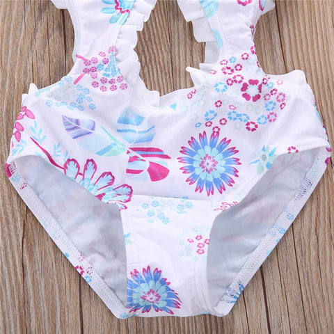 Kids Floral Printed Ruffled Swimwear Bodysuit