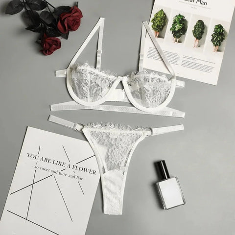 Sexy Lace Transparent Underwear Set with Fairy Embroidery - Delicate Bra and Briefs Kit