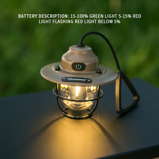 PACOONE Retro Portable Camping Lantern - IPX4 Waterproof Emergency Light for Outdoor Adventures