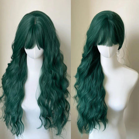 Light Green Long Wavy Synthetic Wig with Bangs - Blackish Green Cosplay Wig for Women, Ideal for Halloween