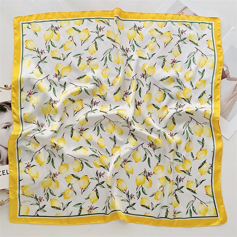 70cm Lemon Print Yellow Silk Scarf